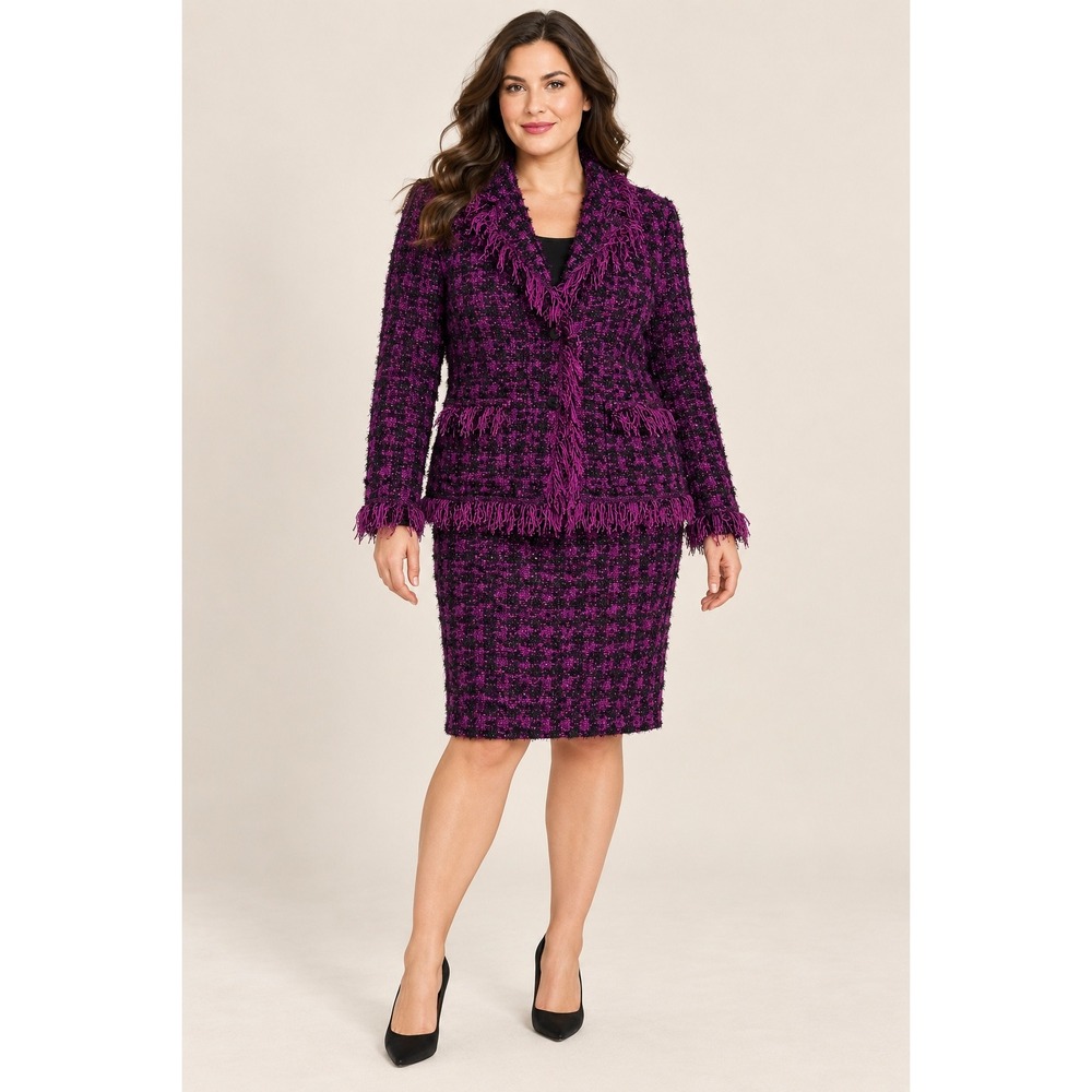 ESCADA Purple Black Tweed Skirt Suit Fringe Metallic Jacket 2 Piece Set 44 14